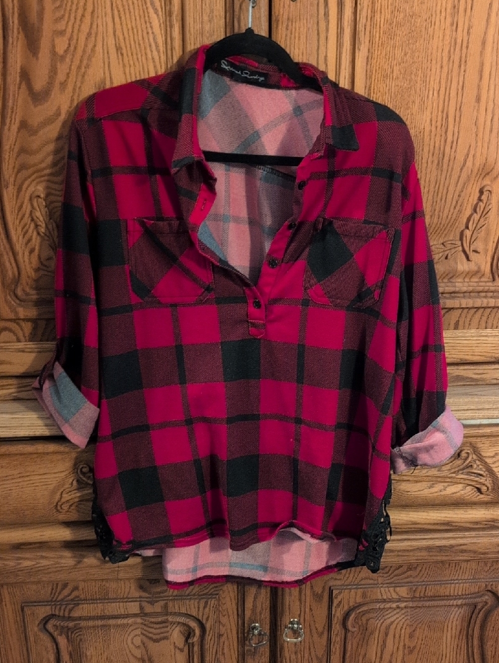 French Laundry Red and Black Plaid Button-Neck Women's Top